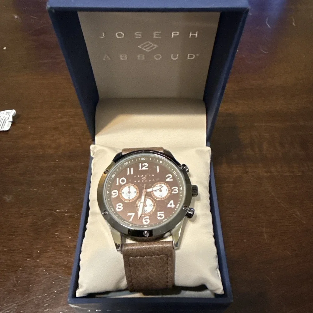 Joseph Abboud Mens Strap Watch Stainless Steel Leather Band Brown Dial NEW